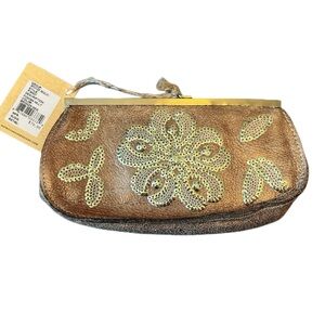Patricia Nash Leather Clutch Wallet Elegant Party Wedding Bronze Gold Sequin